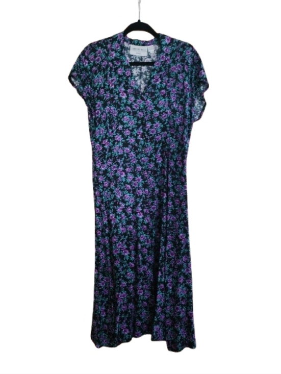 Caroline Wells Dresses & Skirts - Vintage 90's Floral Button Front Midi Dress in Black with Purple & Teal Flowers